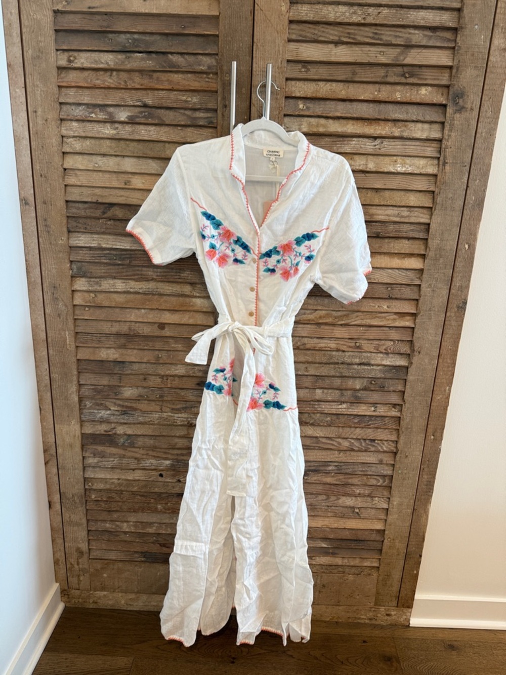 Chasing Unicorns White Maxi Dress with Pink & Blue Floral Embroidery